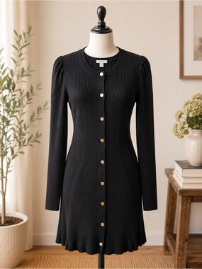 Milano Black Ribbed Long-Sleeve Button Dress-Fall and Winter